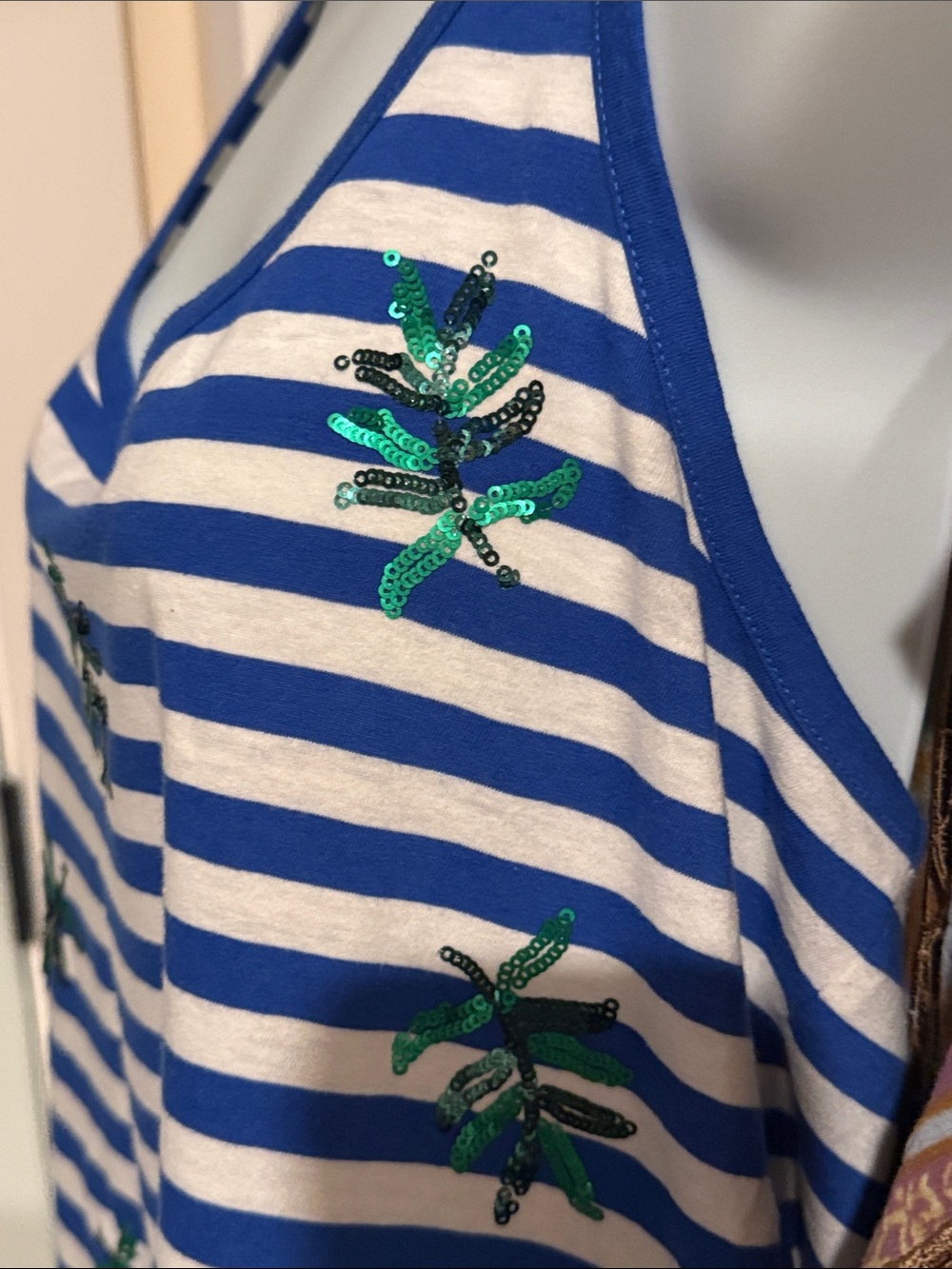 J.Crew Striped Blue and White with Green Palm Sequins Embroidered Racerback Tank - Picture 6 of 8